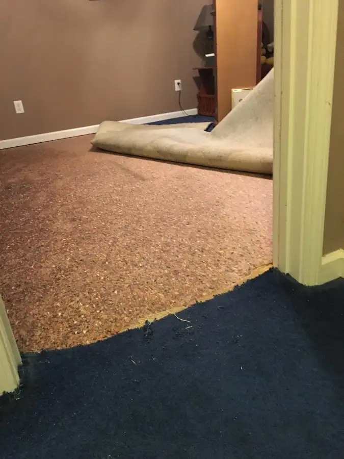 Carpet pad removal revealing water damage during Drying & Dehumidification in Prien